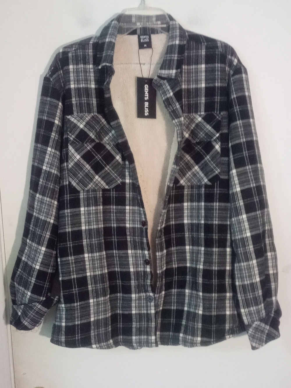 Gents Bliss Black & White Plaid Sherpa-Lined Flannel Shirt Shirtjac Medium NWT